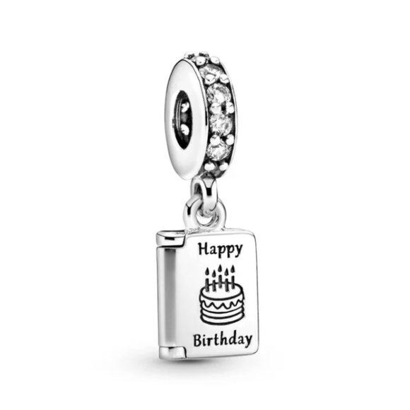 Happy Birthday Card Dangle Bracelet Charm - S925 Sterling Silver Fits Pandora - Picture 1 of 5